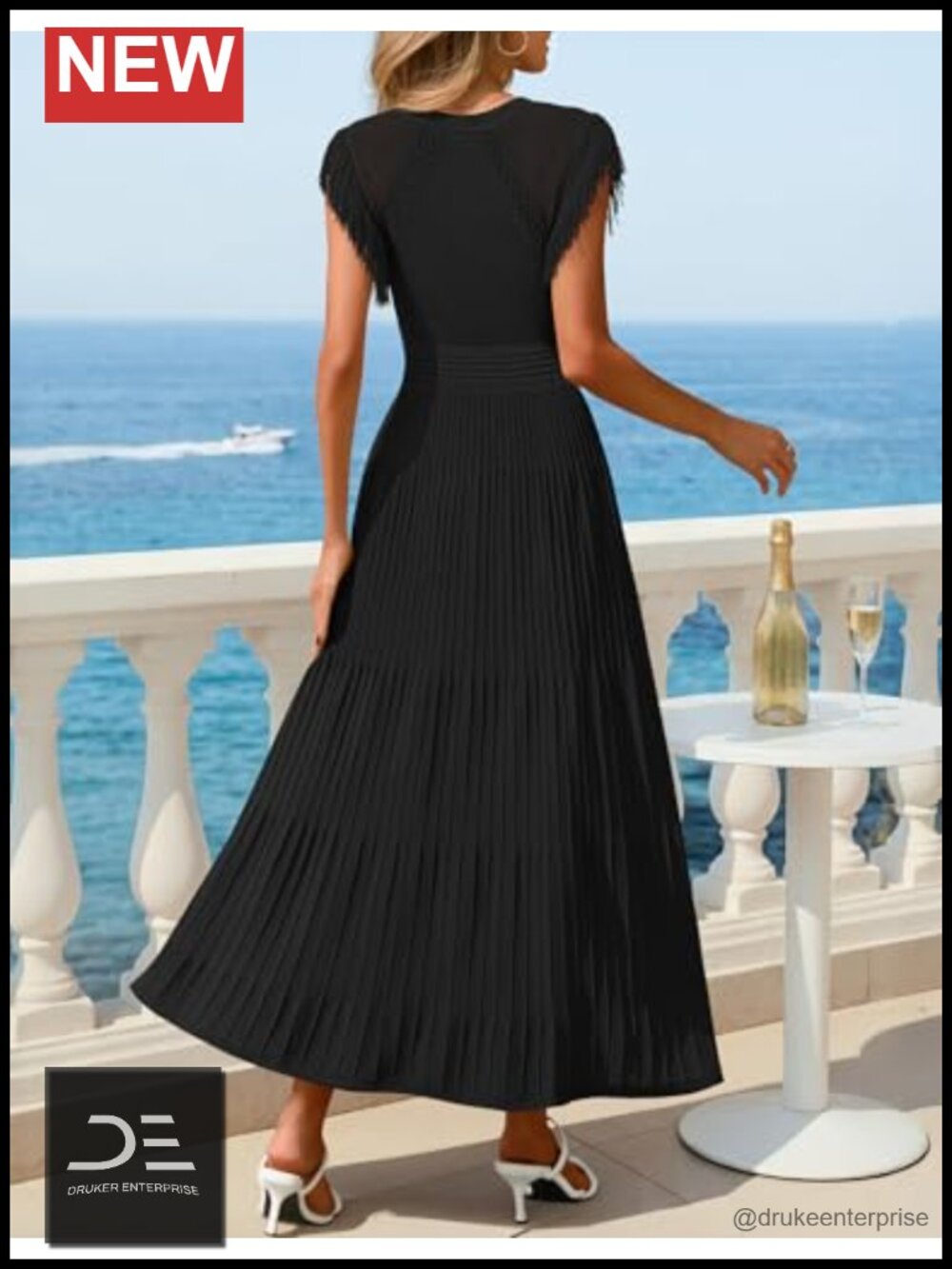 Sleeveless Fringe A-Line Pleated Midi Dress Ribbed Knit - Picture 3 of 6